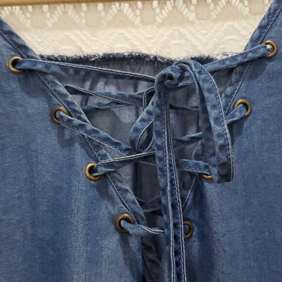 Soulmates 3/4 Sleeve Denim & Lace, Tie Front Blouse, Size Large - Picture 5 of 7